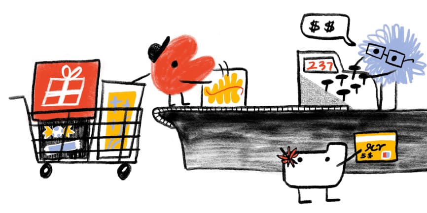 Hero image of a Web Almanac character at a super market checkout loading items from a shopping basket onto the conveyor belt while another character payes with a credit card.