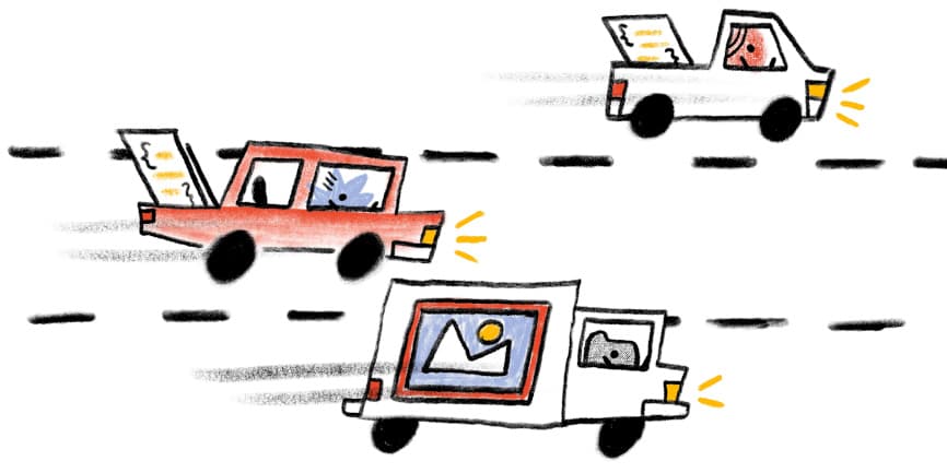 Hero image of Web Almanac characters driving vehicles in various lanes carrying script and images resources.